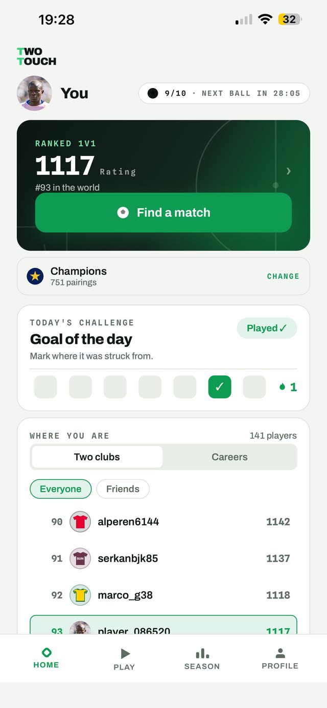 The home screen: rating, world ranking and the players either side of you.