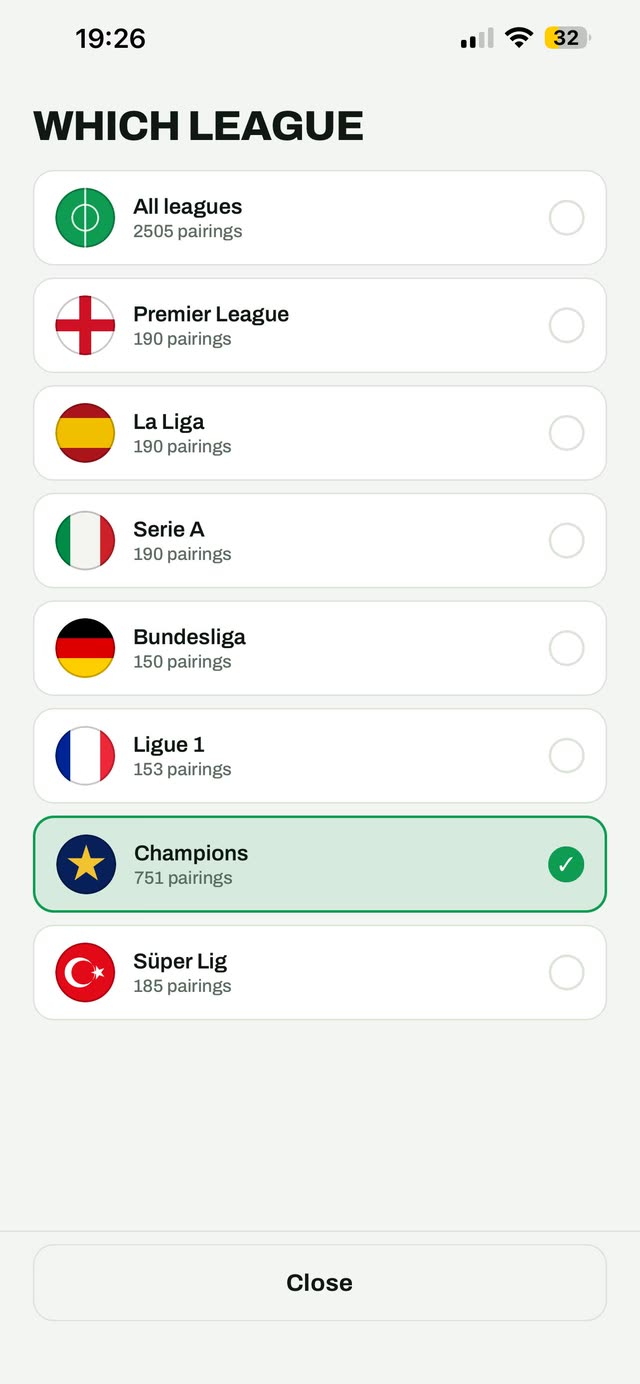 The league picker, showing how many club pairings each league has.